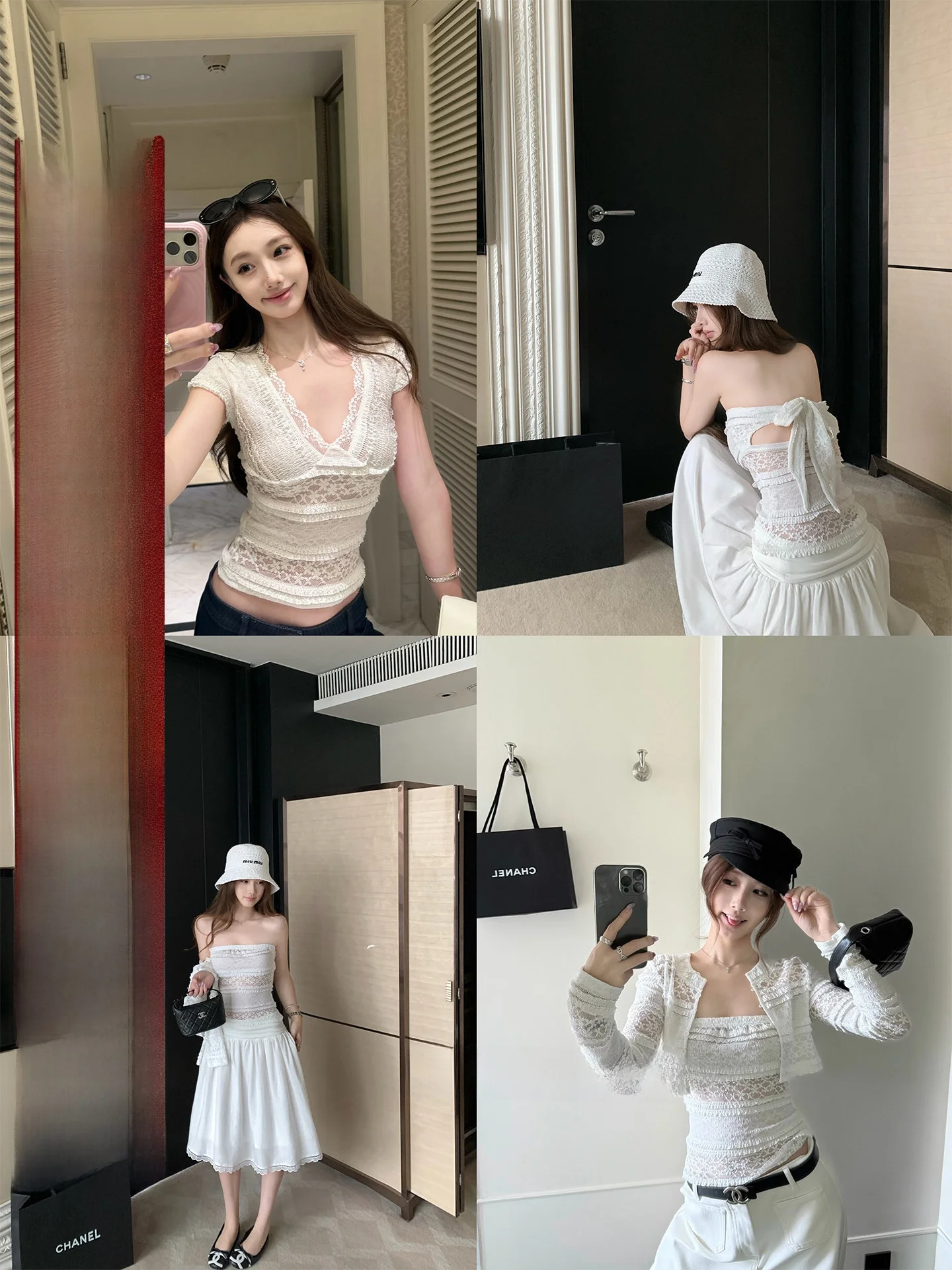 

Chestnut Cocoa Lace Trim Elastic V-neck T-shirt Open Cardigan Women's Spring Fashion Set Short Pure Color Loose Casual Style