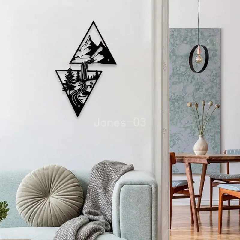 Q6PE Minimalists Mountain และน้ำตก Wall Decor Metal Wall Art ผนังสีดำป้าย