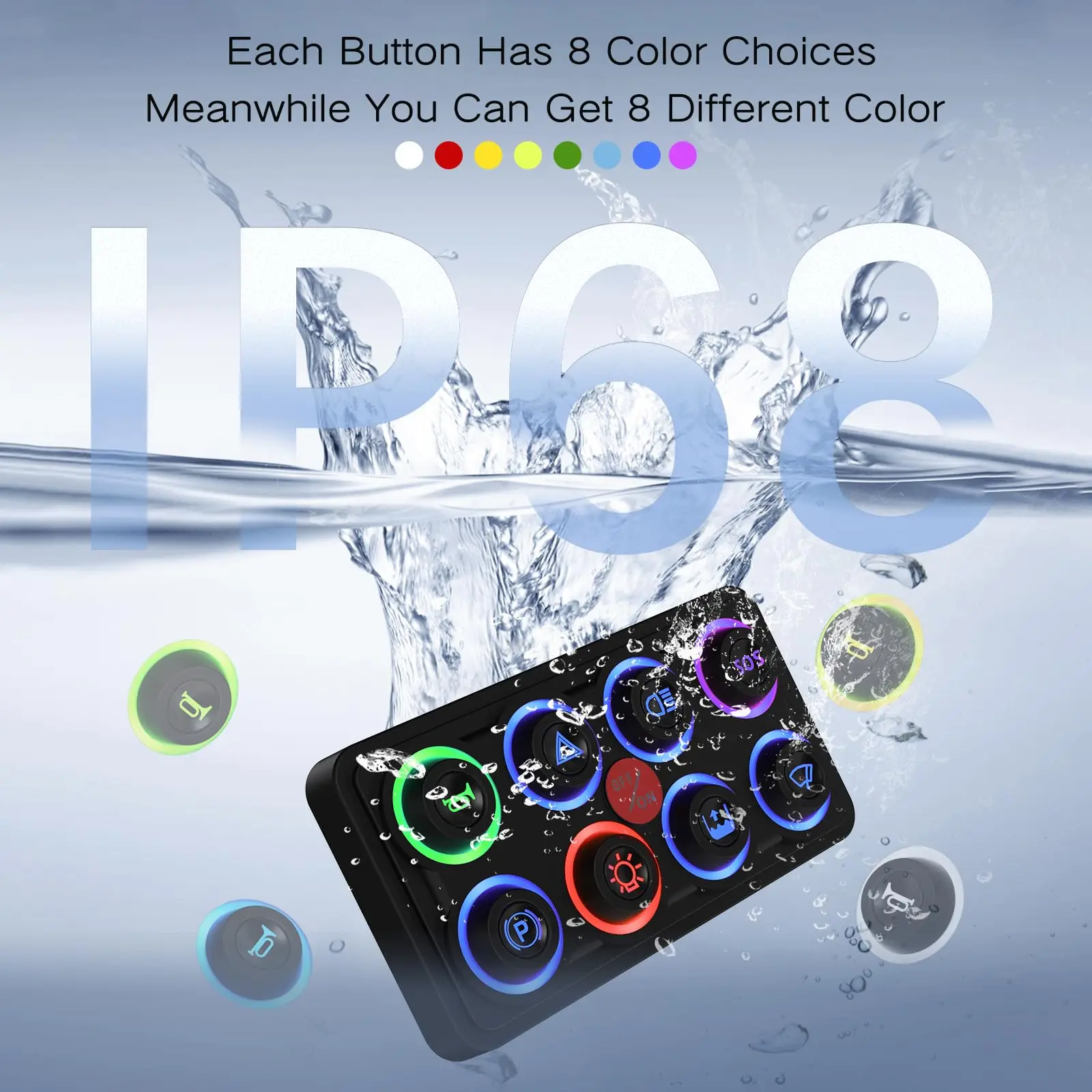 RGB 8 Gang Marine 4 Modes 8 Colors Backlight LED Light Switch Panel Waterproof IP68 60A Circuit Control Box with Diy Key Icons