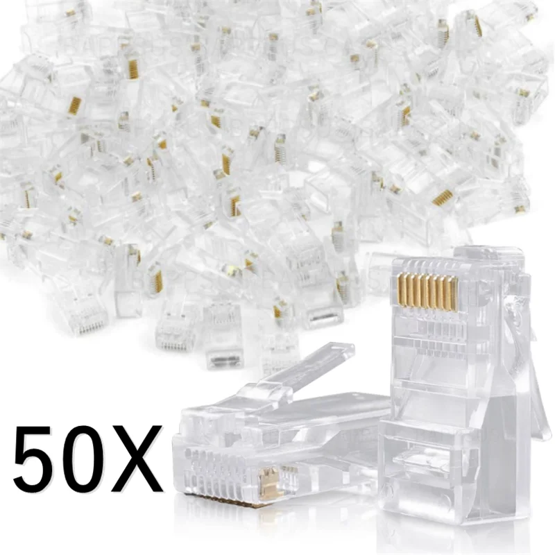 Clear Pass Through RJ45 Cat6/Cat5e Connectors DIY Crystal End Gold-Plated 8P8C Crimp UTP Standard Ethernet Network Modular Plug