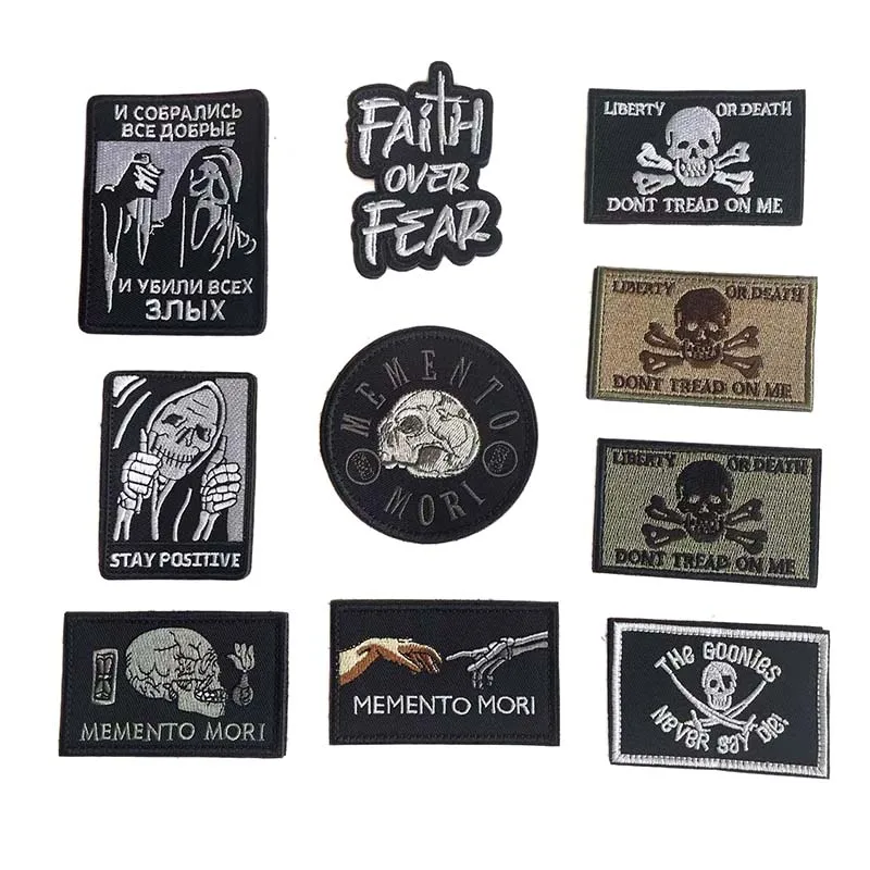 Inspirational Emblem,Memento Mori,Faith Over Fear,Stay Positive Never Say Die Embroidered Applique Morale Badge Tactical Patches
