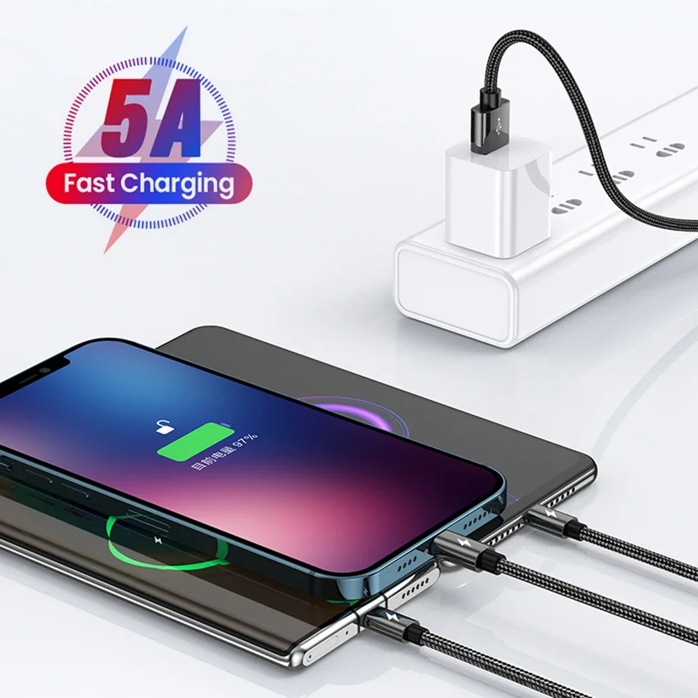 3 in 1 5A Fast USB Charging Cable for iPhone iPad Samsung Huawei Xiaomi Honor Redmi POCO OPPO Realme Moto Universal Charge Cable