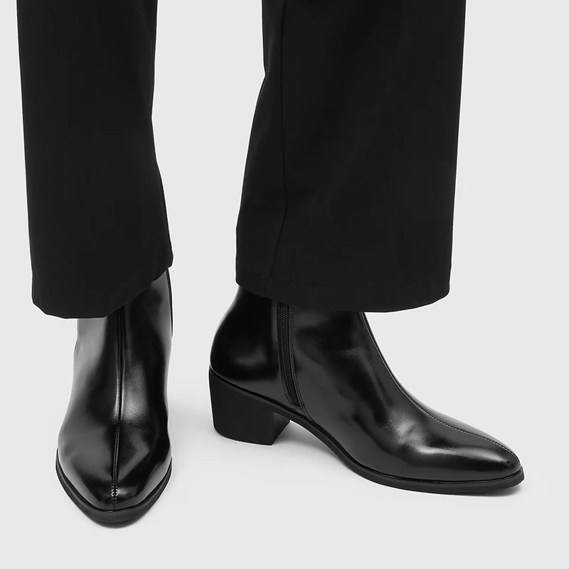 Men Simple and Fashionable High Heels Pointed Side Zipper Anti Slip Breathable Business Leisure Commuting Boots - view 5