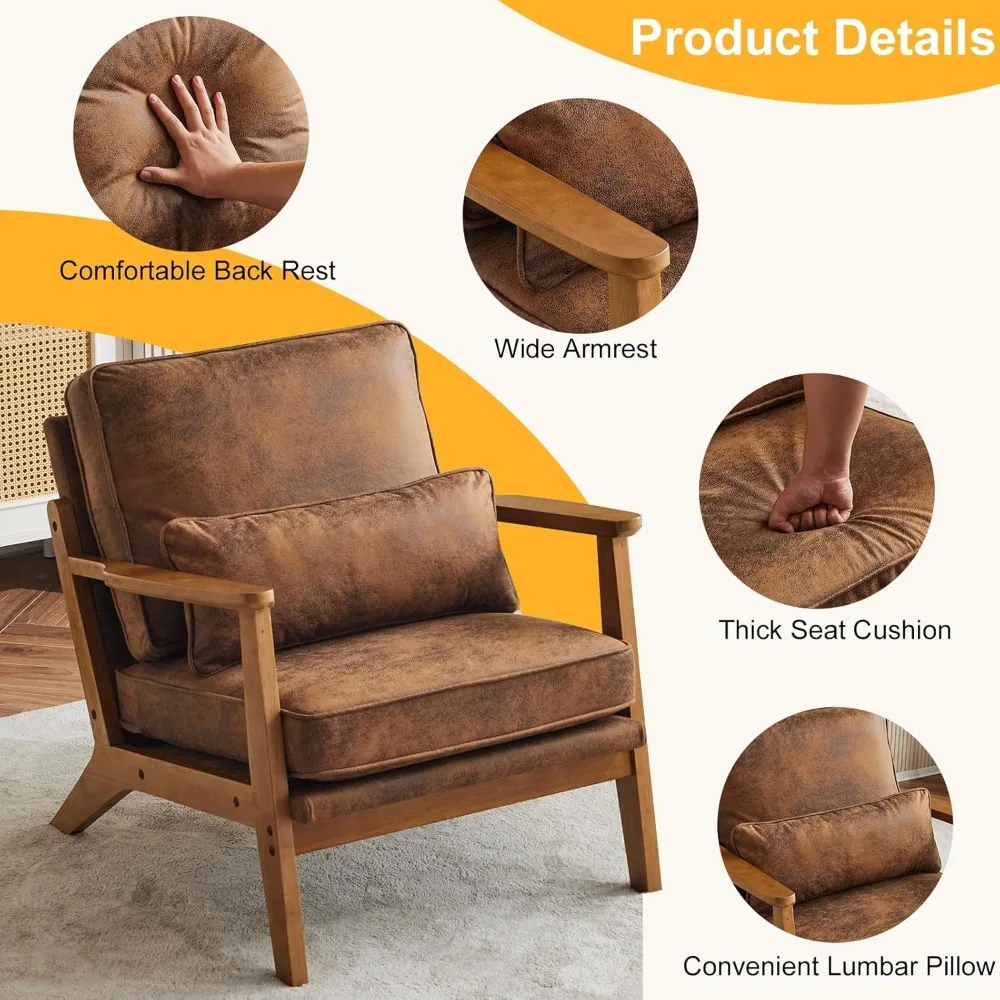 Accent Chair Wide Armrest Mid-Century Lounge Chair Bronzing Cloth Armchair with Lumbar Pillow & Solid Wood Frame for Living Room