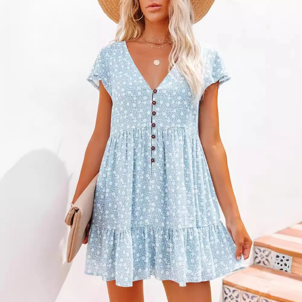 Sommer frauen V-ausschnitt Taste Floral Kurzarm Kleid Beiläufige Lose Kleider Für Frauen Maxi Strand Vestidos