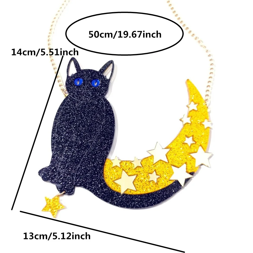 KUGUYS Big Black Cat Gold Color Moon Stars Pendant Necklace for Women Fashion Acrylic Large Sweater Chain Hyperbole Jewelry Acce