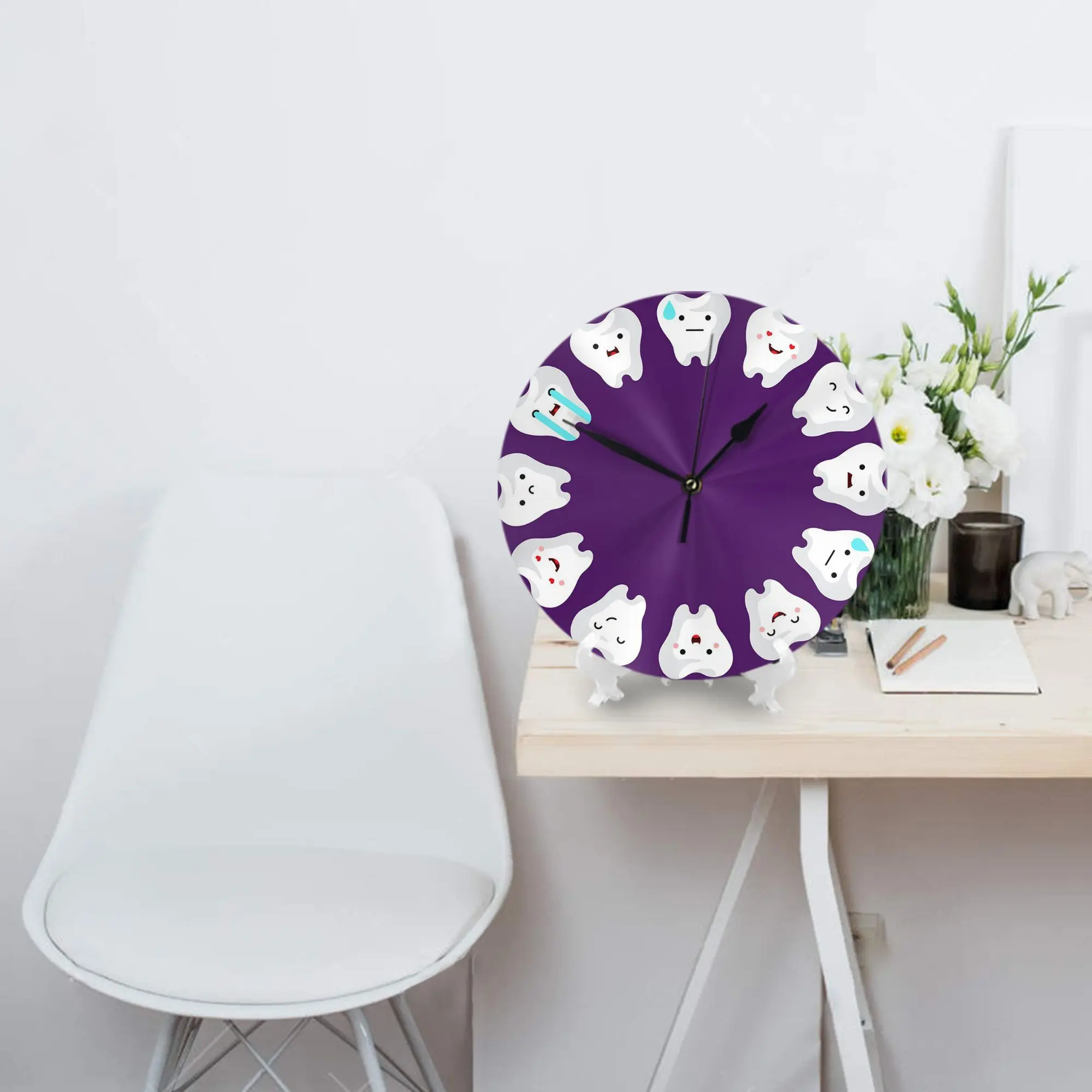 Purple Dental Clinic Tooth Wall Clock Room Decoration Silent Round Clock for Bedroom Living Kitchen Home