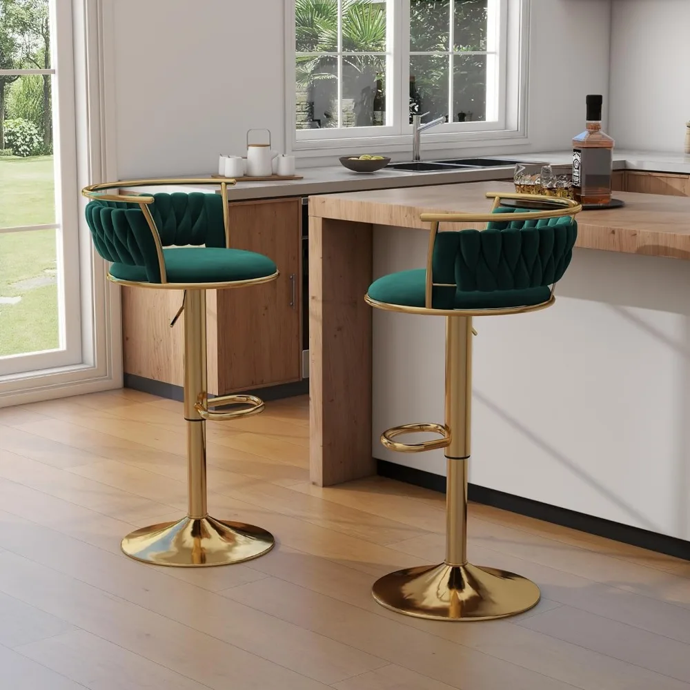 360° Swivel Bar Stools Set of 2, Modern Adjustable Counter Height Velvet Bar Chair Gold Metal Stool, Comfortable Kitchen