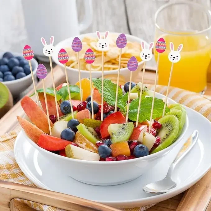 100PCS/Pack Easter Bunny Eggs Toothpicks Natural Bamboo Cocktail Picks for Cake Dessert Food Fruit Easter Party Decorations