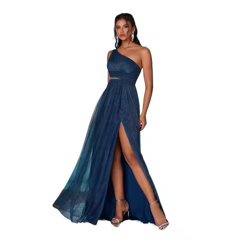 Elegant Shining One Shoulder Ruched High Split Long Formal Evening Dress