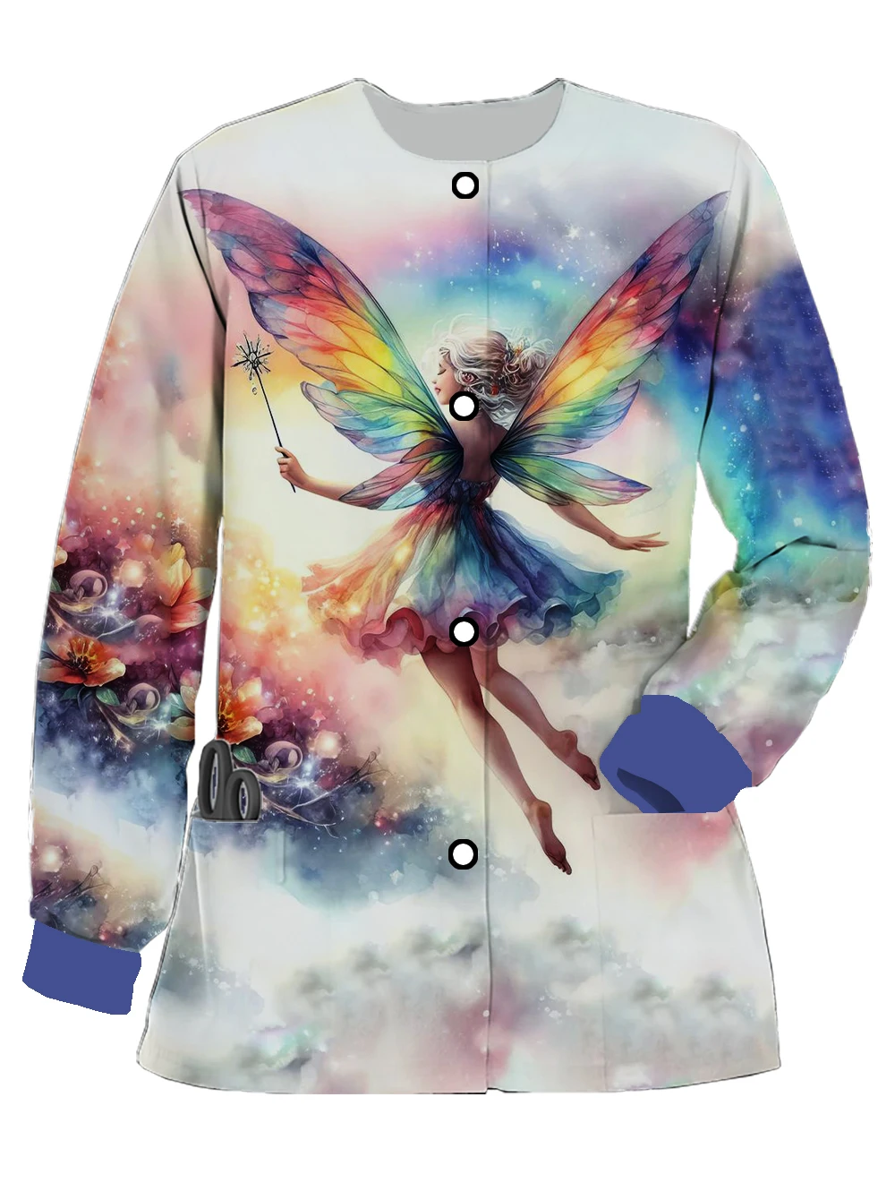 Spring and Autumn Women's Long Sleeve Pocket Cardigan Disney The Secret of the Fairies Printed Ophthalmology Dental Work Clothes