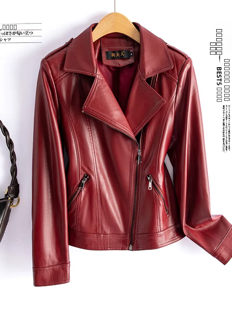  Ning Genuine Leather Jaet Women's ort Sle Casual Motorcycle Leather Coat Spring Autumn Zipper Long Sve Slim Fit