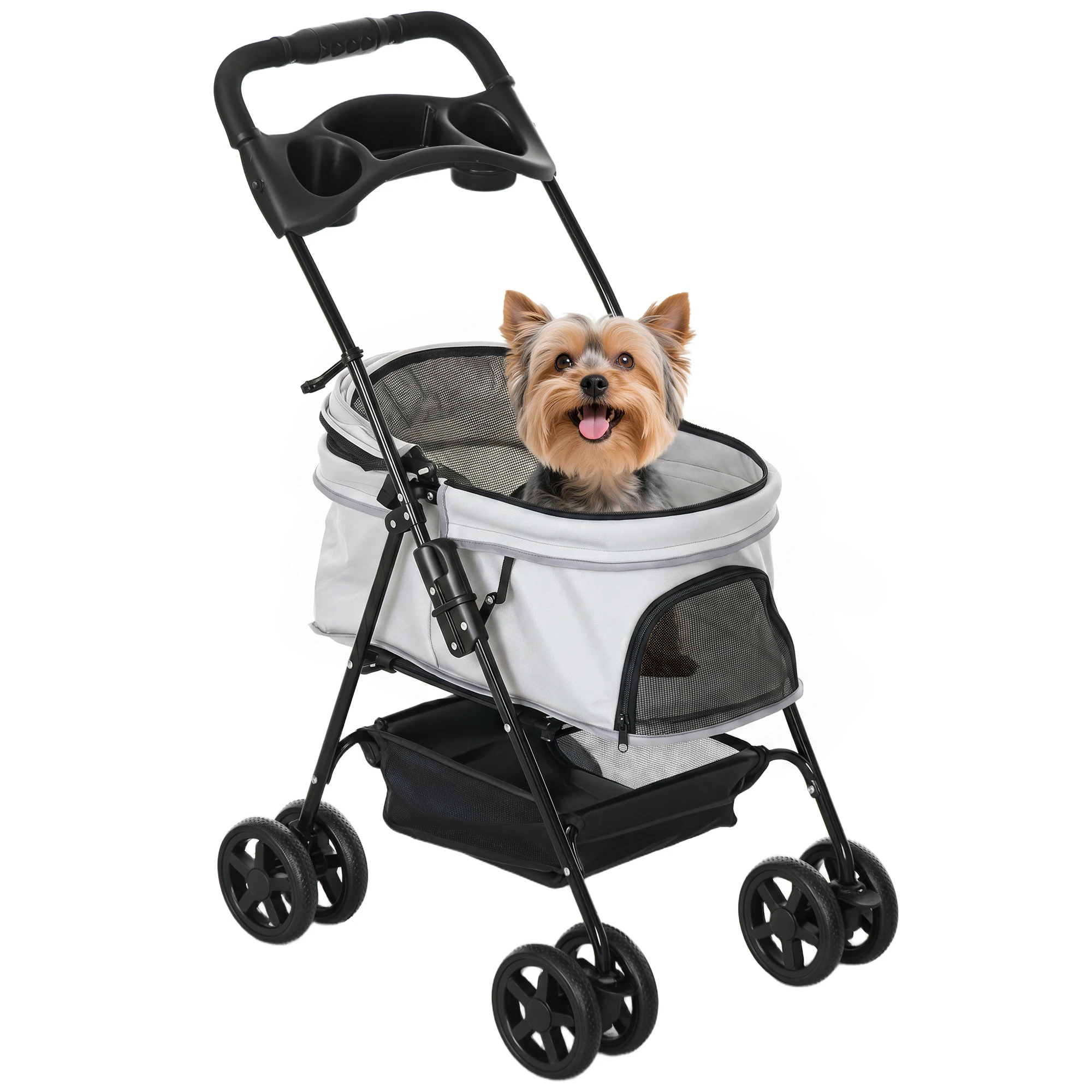 Poussette pliable pour chien Pawhut, chariot à 4 roues en EVA pour petits chiens, pivotant et avec frein, panier, sangles de sécurité, capote réglable, porte-gobelet et fenêtre, 67x45x96 cm, gris clair