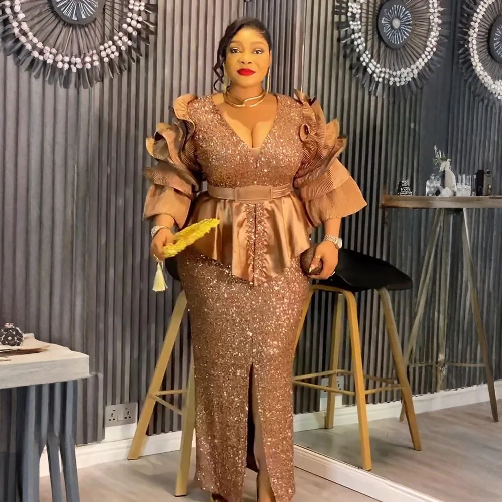 

African Dresses for Elegant Women Ruffle Sequin Bodycon V-Neck Evening Party Gown Ankara Dashiki Africa Clothing Muslim Dress