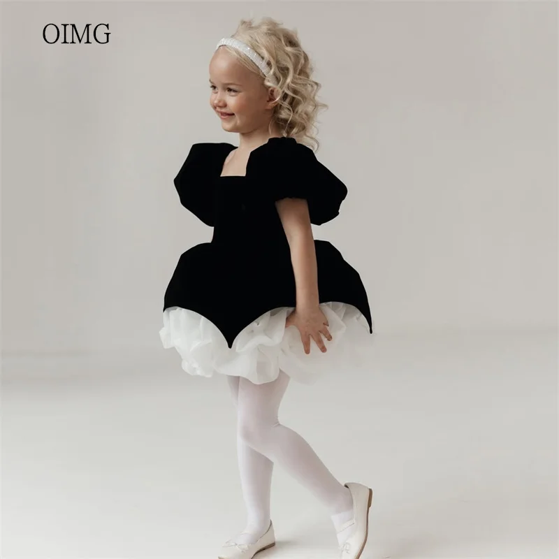

OIMG Black/Ivory Square Neck Flower Girl Dresses Puff Sleeves Wedding Party Dress Knee Length Birthday Dress 2026 Customized