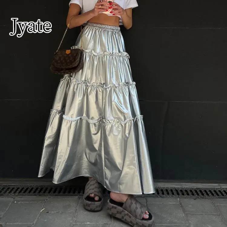 

Jyate Fashion Silver Pu Leather Skirts For Women 2023 Elegant High Waist Long Skirt Streetwear Loose Ruffle Female Skirt Falda