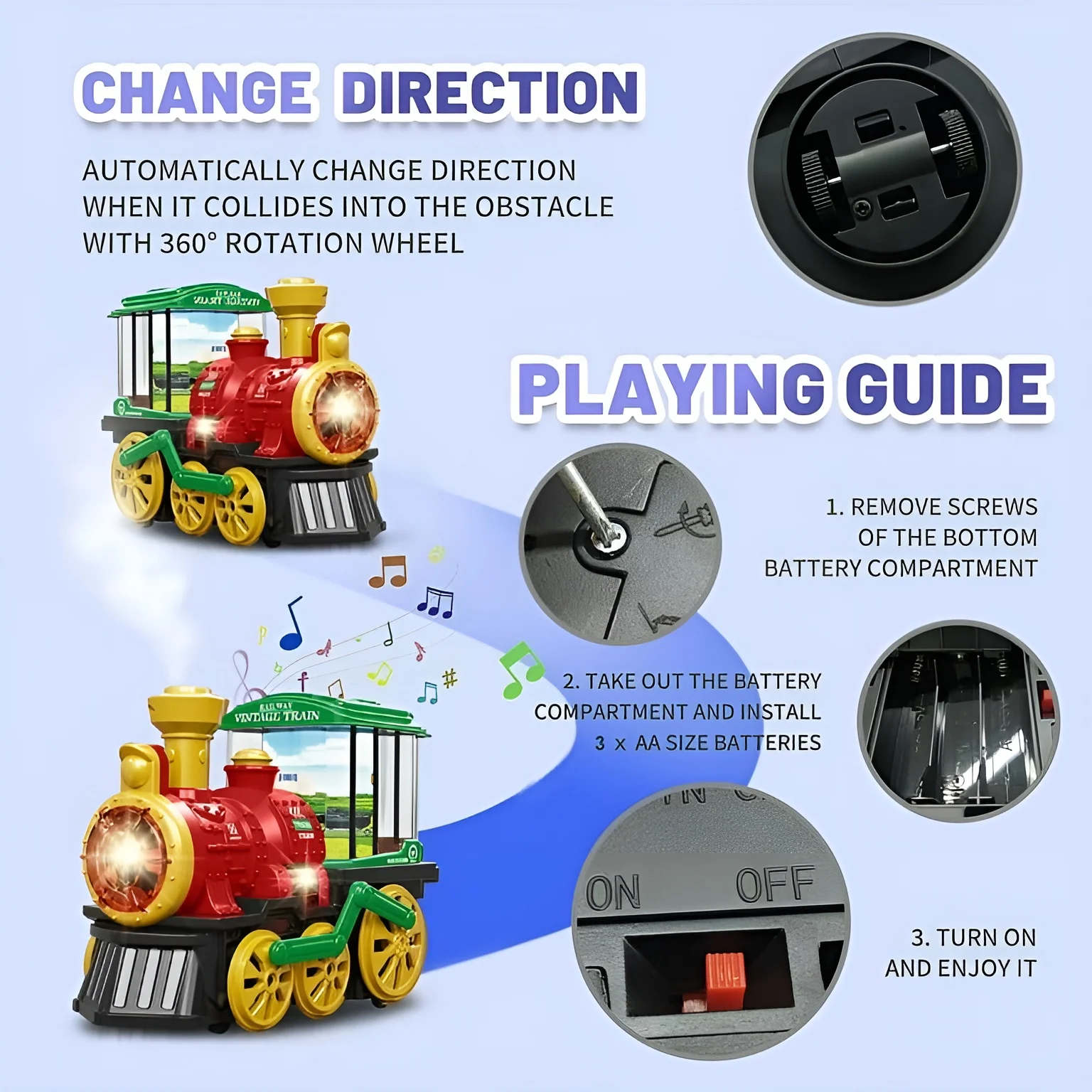 Tren de vapor eléctrico de juguete para niños pequeños de 3 a 5 años con sonido de luz ahumada, juguete de choque de camión con motor locomotor, 360 °   Regalo giratorio para niños