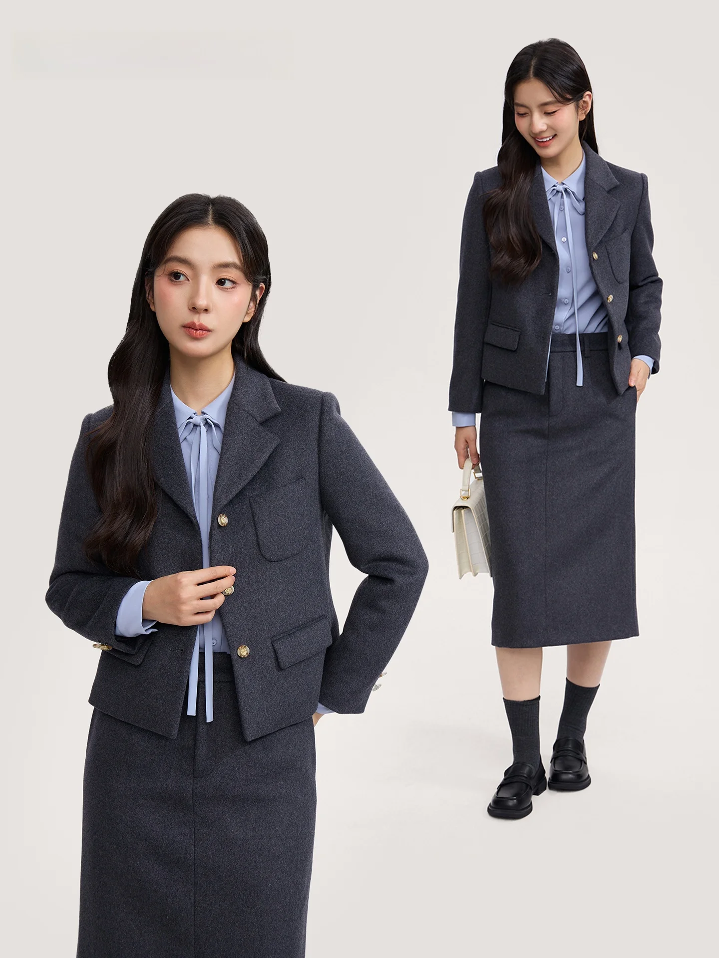 グッドヤンググレーレディース厚手ショート丈ピュアウールスーツAラインスカート通勤コートスタンダードスタイルボタンポケット加工