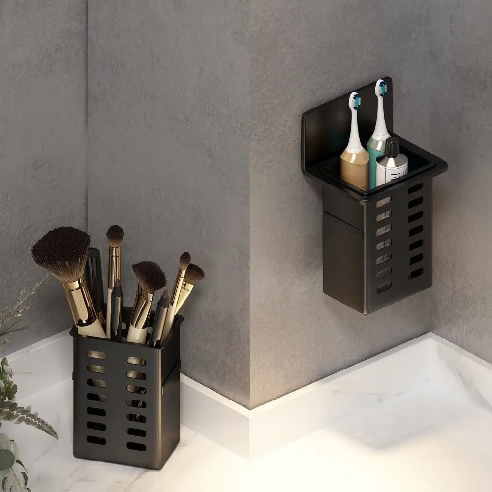 Plastic Wall Mounted Storage Box Self Adhesive No Drill Toothbrush Storage Rack Space Saving Simple Utensils Holder Dorm