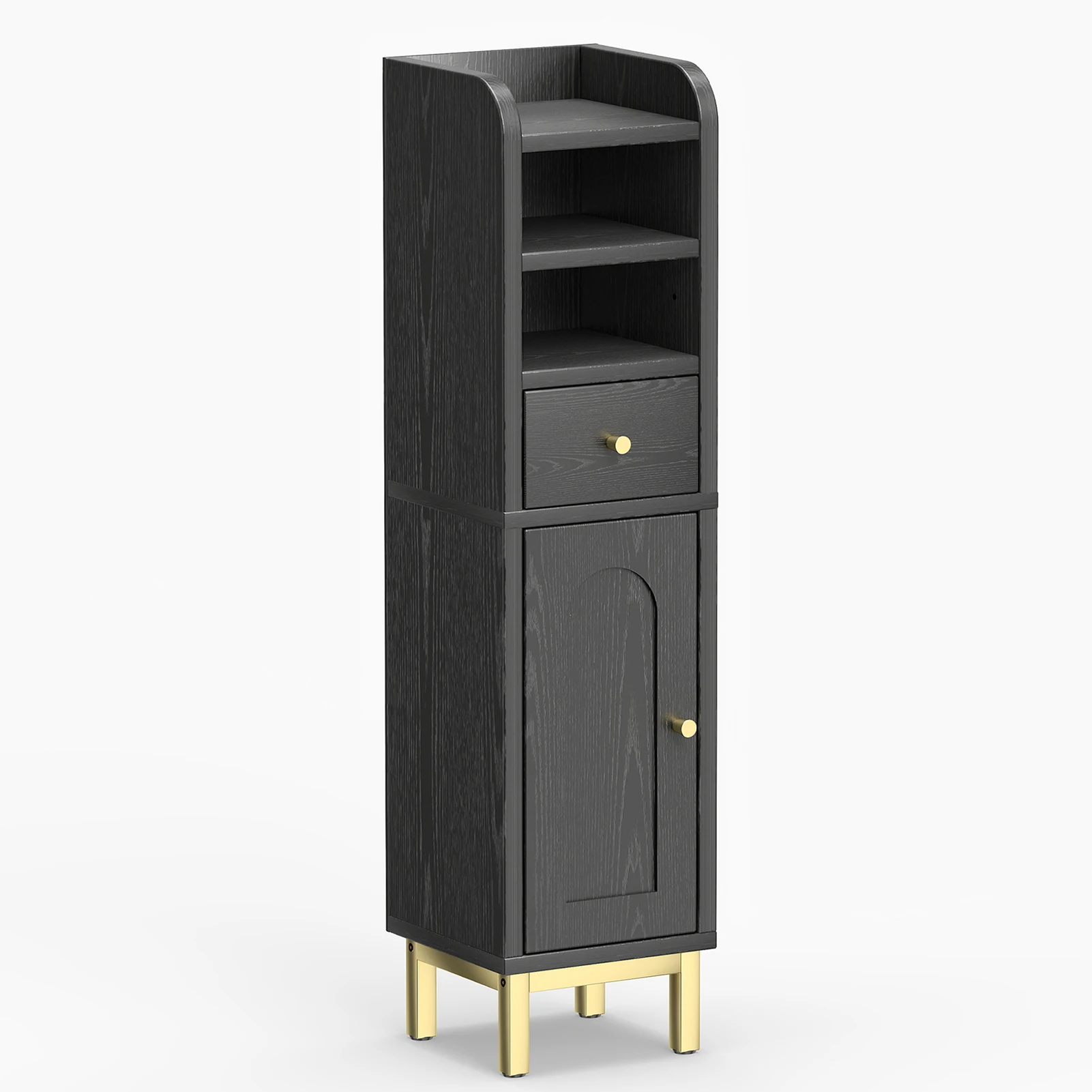 

Black Bathroom Storage Cabinet Modern Corner Floor Cabinet Small Storage Organizer Stand with Drawer and Door Adjustable Shelf