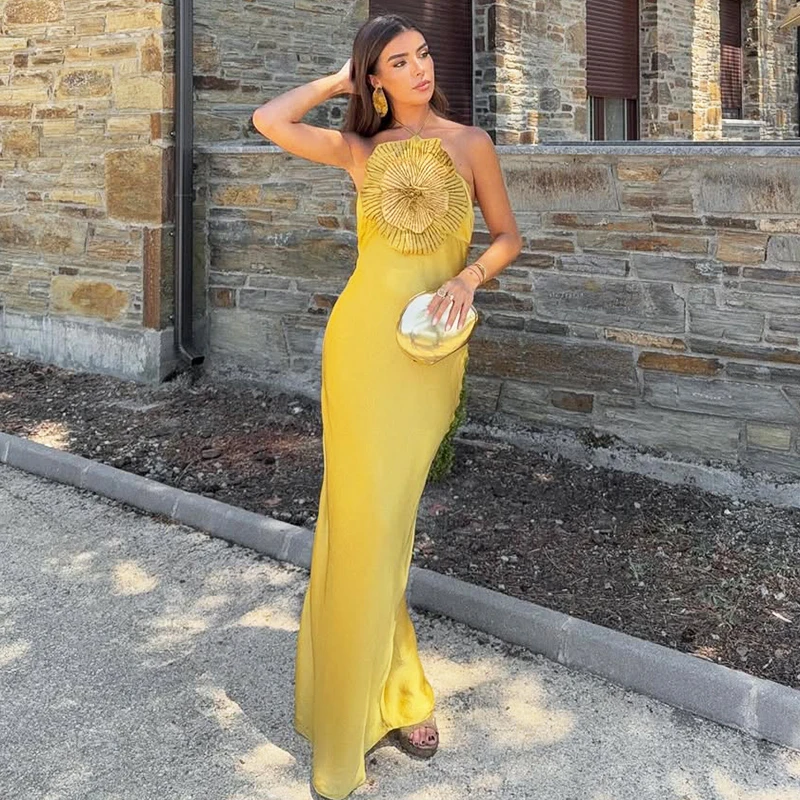 

Tuularose Elegant Party Women Dress 3D Flower Halter Sleeveless Backless Mermaid Satin Female Dress 2025 Chic Evening Lady Robe