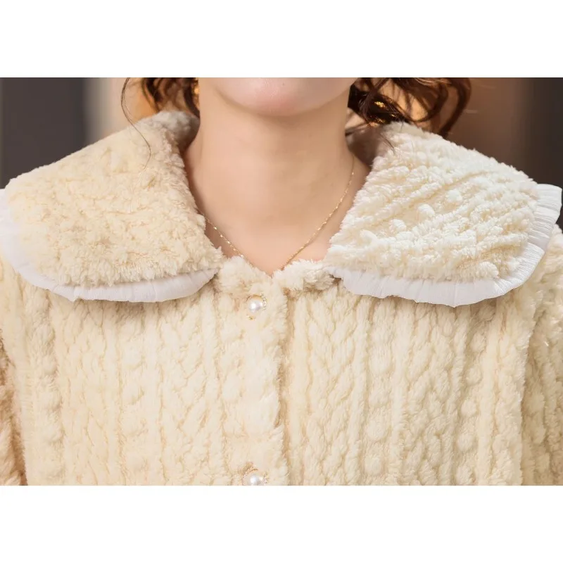 2024 New Autumn Winter Coral Velvet Pajamas Women Plus Velvet Padded Sleepwear Long-sleeved Homewear Suit Doll Collar Loungewear