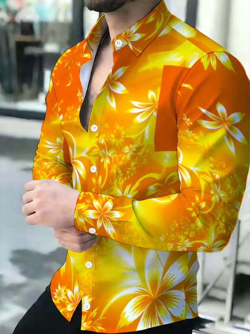 New Orange Yellow Sunset Gradient Tropical Flower Shirt Hawaiian Vacation Style Men's Long Sleeve Shirt