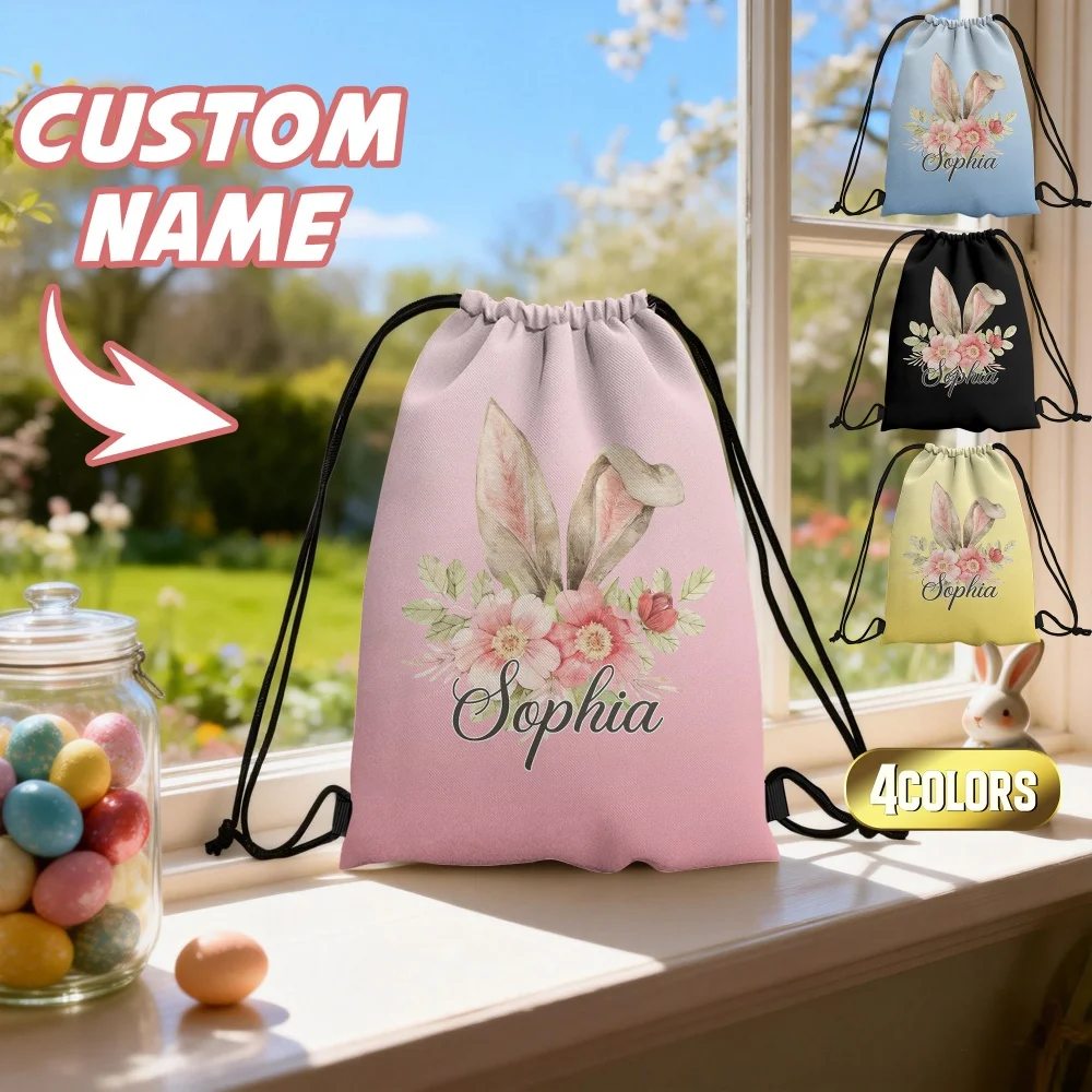 1pc Custom Name Minimalist Bunny Ear Drawstring Bag | Lightweight Bag For Easter Egg Hunts, Travel,Playdates,Unique Holiday Gift