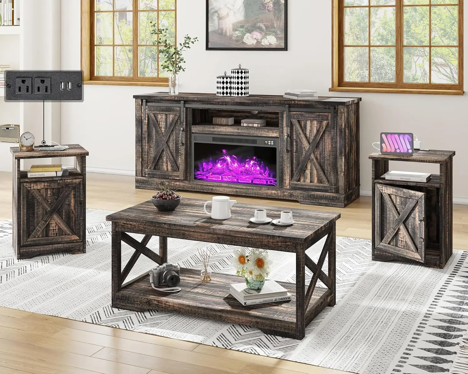 

5-Piece Farmhouse Set Fireplace TV Stand Coffee Table & 2 End Tables Charging USB Ports Living Room 63", Customized