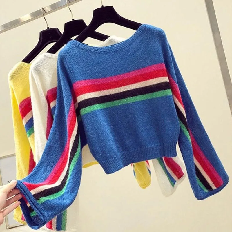 Female Fashion Loose Color Striped Knitted Pullovers Autumn Winter Women\'s Clothing Korean All-match Long Sleeve Thin Sweaters