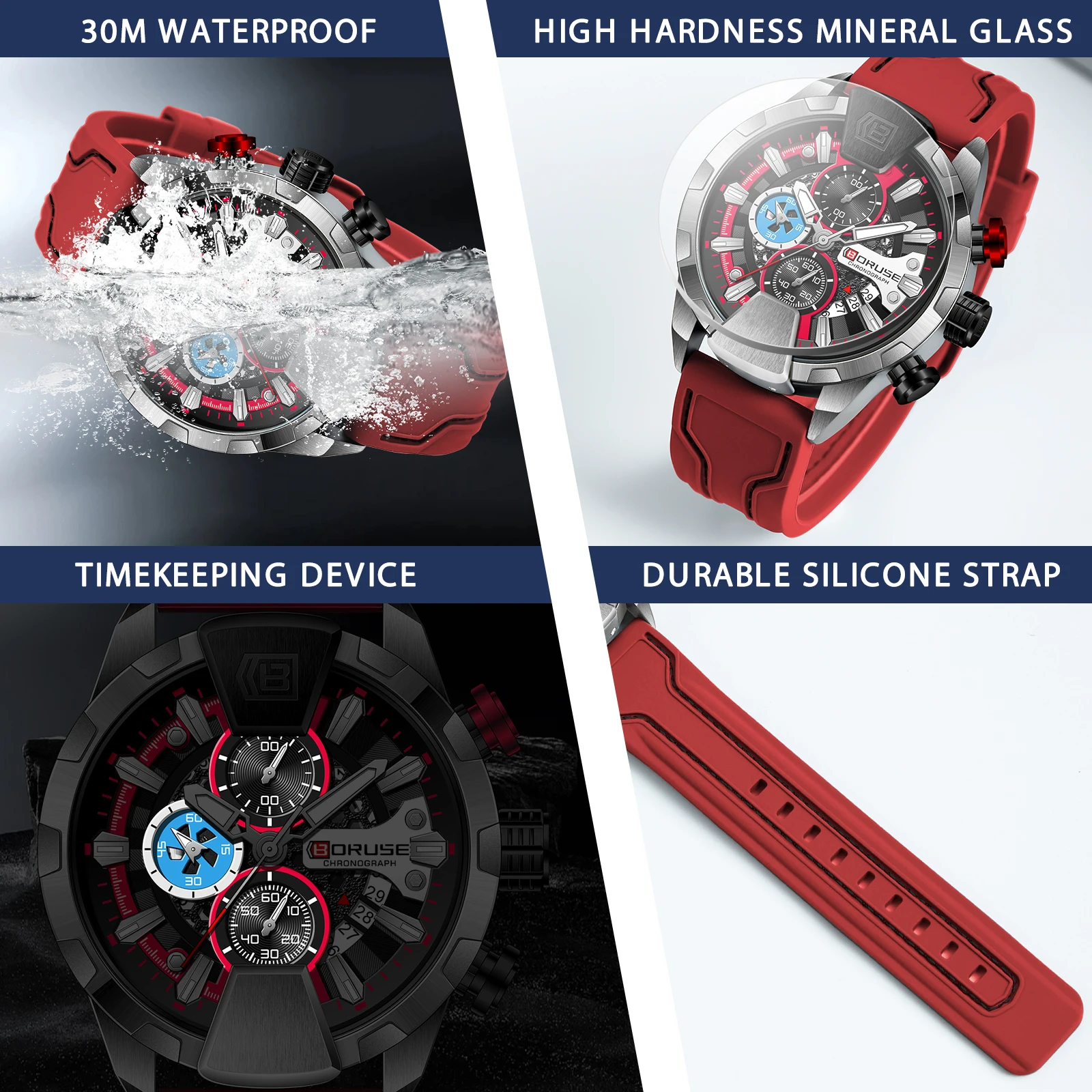 BORUSE Luxury Chronograph Red Watches for Men Silicone Quartz Watch Men Luminous Waterproof Sport Reloj Hombre