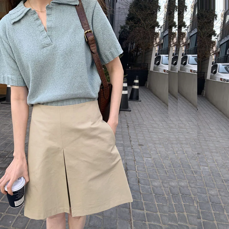 Khaki Retro A-Line  Skirt Women's High Waist Cover Hip Spring Summer Design Sense  Versatile Short Skirt