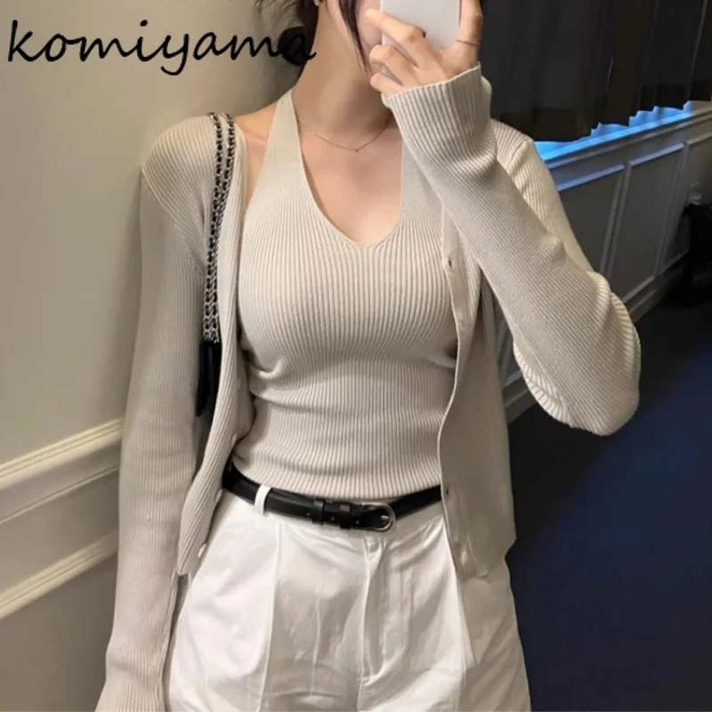 V-neck Long Sleeve Cardigan Autumn New Outerwears Korean Chic Ropa Mujer 2025 Woman Cardigans Elegant Sweater with Halter Vest