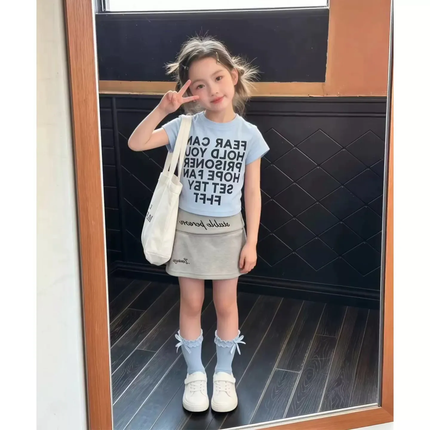 2026 summer girls Children set short sleeve LETTERS T-SHIRT Teenager t shirt crop tops + MINI skirt 4 8 10 12 14 year FASHION