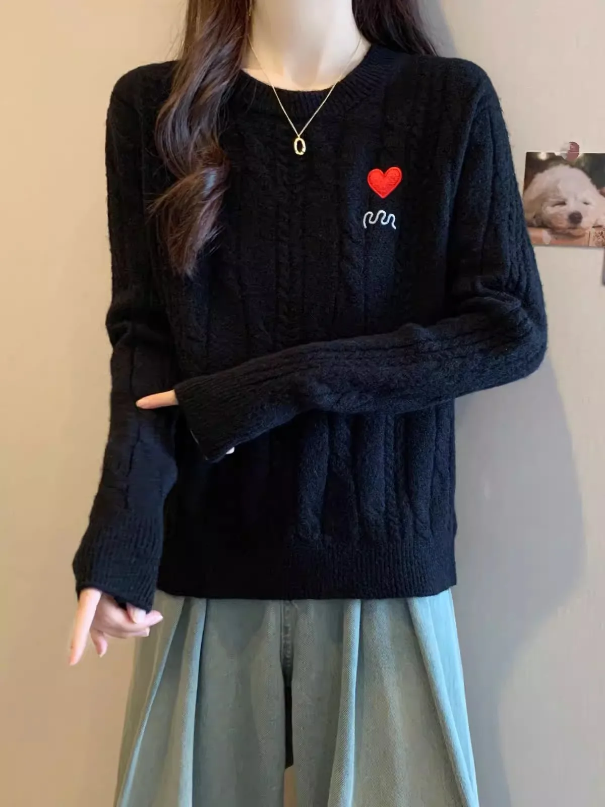 

Women's Knitted Long Sleeve round Neck Pullover Base Shirt Spring Autumn Winter New Design Sensation Love Fashionable Top