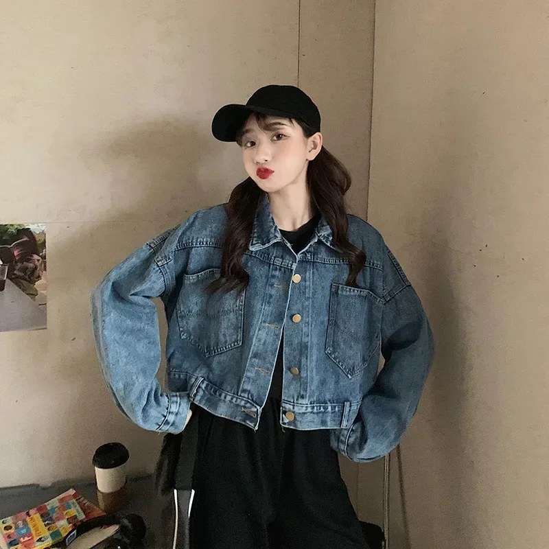 

Short Jacket Women Denim Coat Washed Single Breasted Full Sleeve Pockets Turn Down Collar Autumn Streetwear Female Outerwear