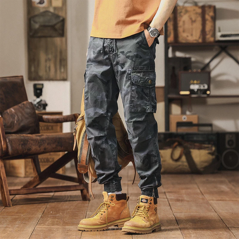 Men's Retro Solid Color Cotton Work Pants for Autumn Winter Durable Casual Trousers with Multiple Pockets