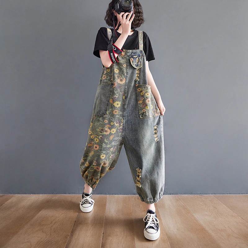 

Streetwear Print Floral Denim Overalls For Woman Casual Oversized Big Size Jeans Jumpsuit Holes Wide Leg Rompers Bib Cargo Pants