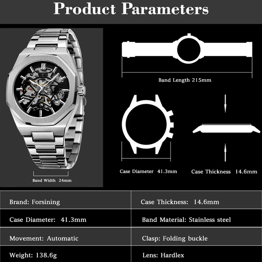 FORSINING Trendy Formal Business Men's Watches Skeleton Polygon Automatic Mechanical Watch Stainless Steel Casual Man Wristwatch