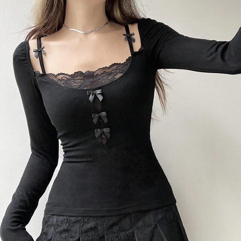 Darlingaga Vintage Fashion Skinny Lace Patchwork Women T-shirts Bow Y2K Gothic Dark Top Long Sleeve Korean Tee Shirts Knitted