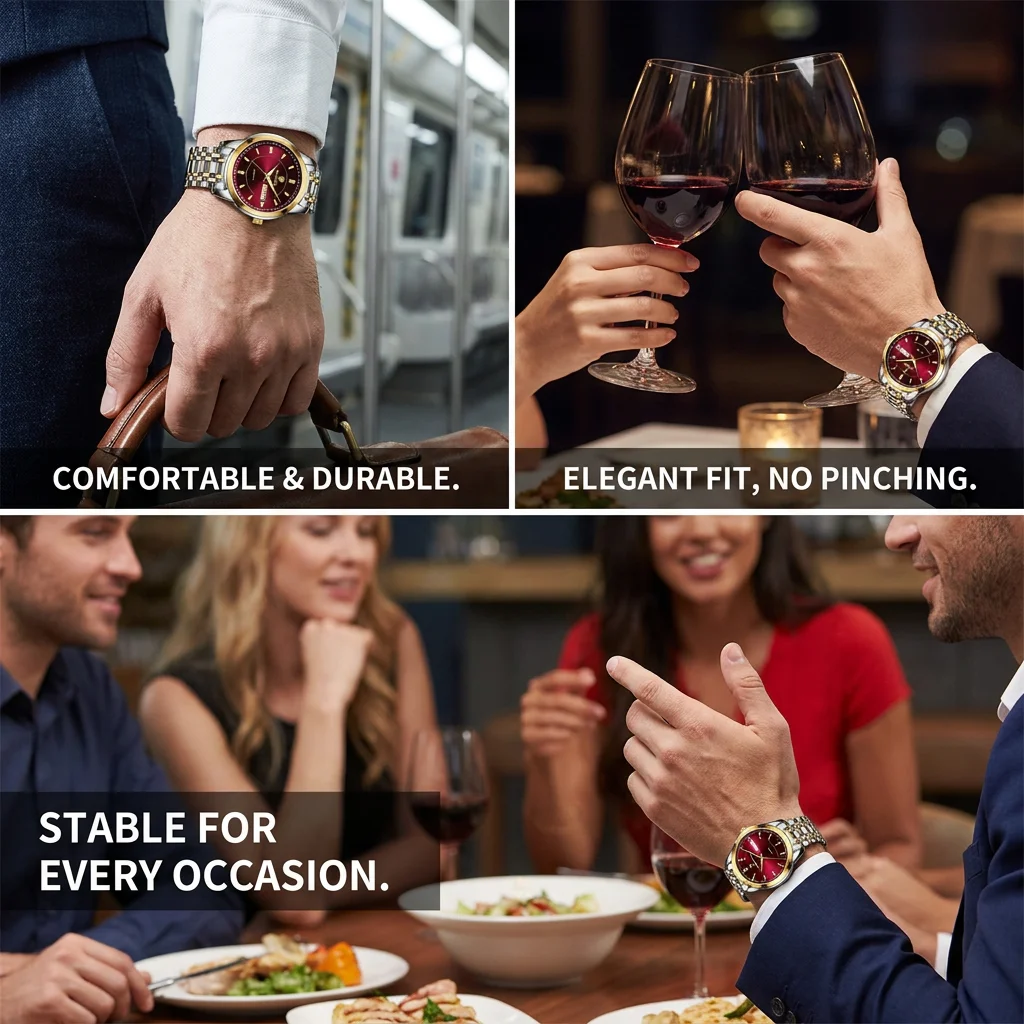 1pcs Fashion Watch Two Tone Metal Strap Wine Red Dial Dual Calendar Quartz Movement Business Casual Daily Wear Stylish D