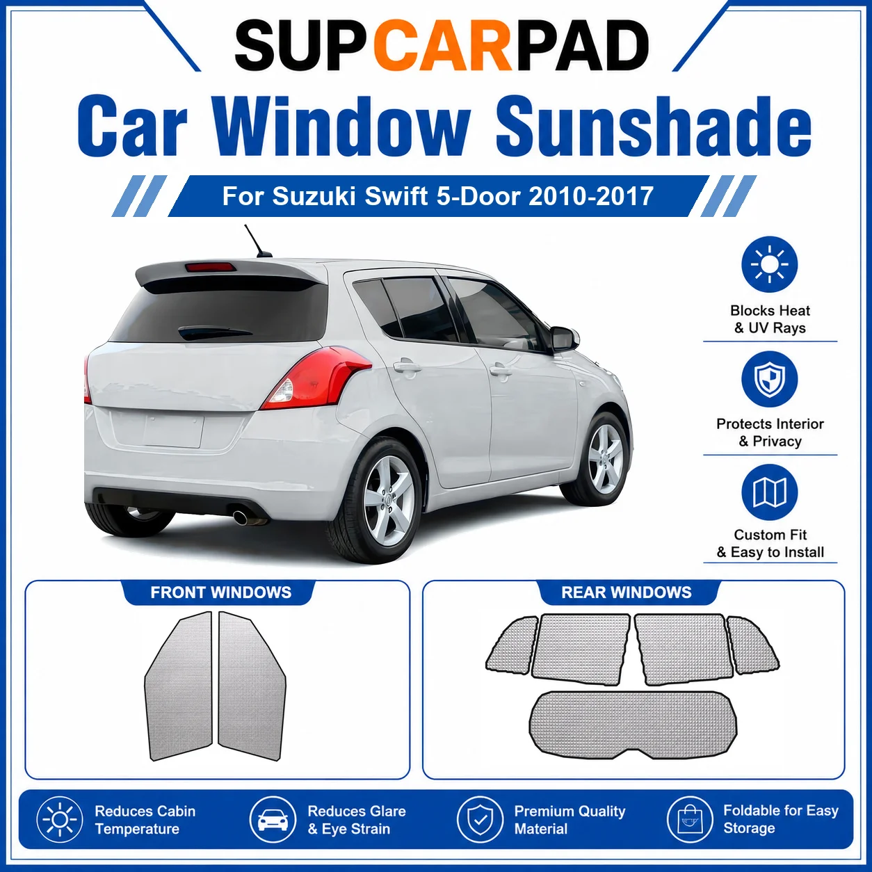 For Suzuki - Suzuki Swift 5-Door 2010-2017 Full Set Car Window Sunshades UV Block Privacy Heat Insulated Foldable Car Curtain