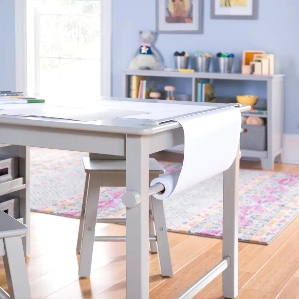 Juego de mesa y taburete de arte para niños, escritorio de madera para dibujar y pintar con rodillo de papel, tazas de pintura y artesanía extraíble, gris