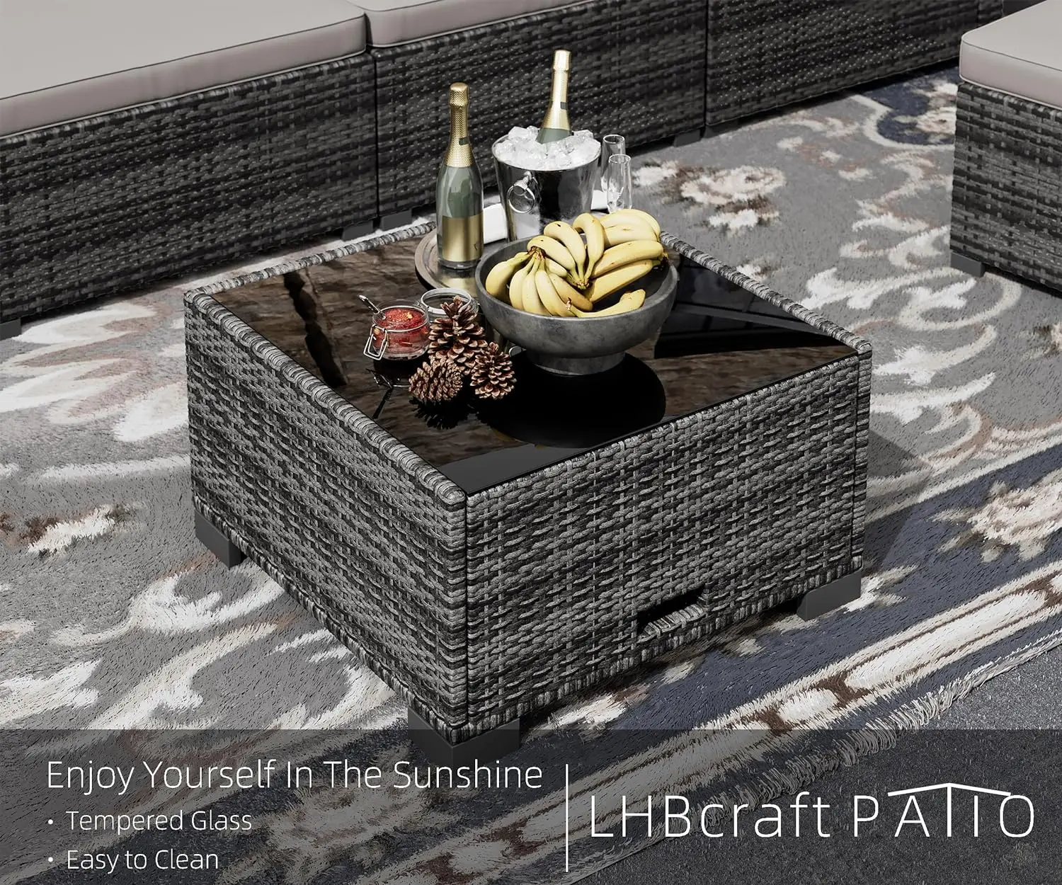 PE Rattan exterior secional Sofá, Mobília do pátio Set com almofada e mesa de café, 7 PCs