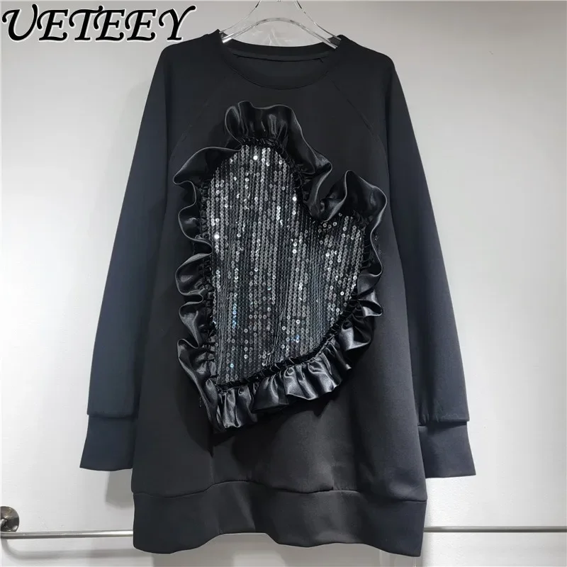 European Station Autumn New Fashion Crew Neck Pullover Love Sequins Splicing Loose Long Sleeve Mid-length Sweatshirt for Women