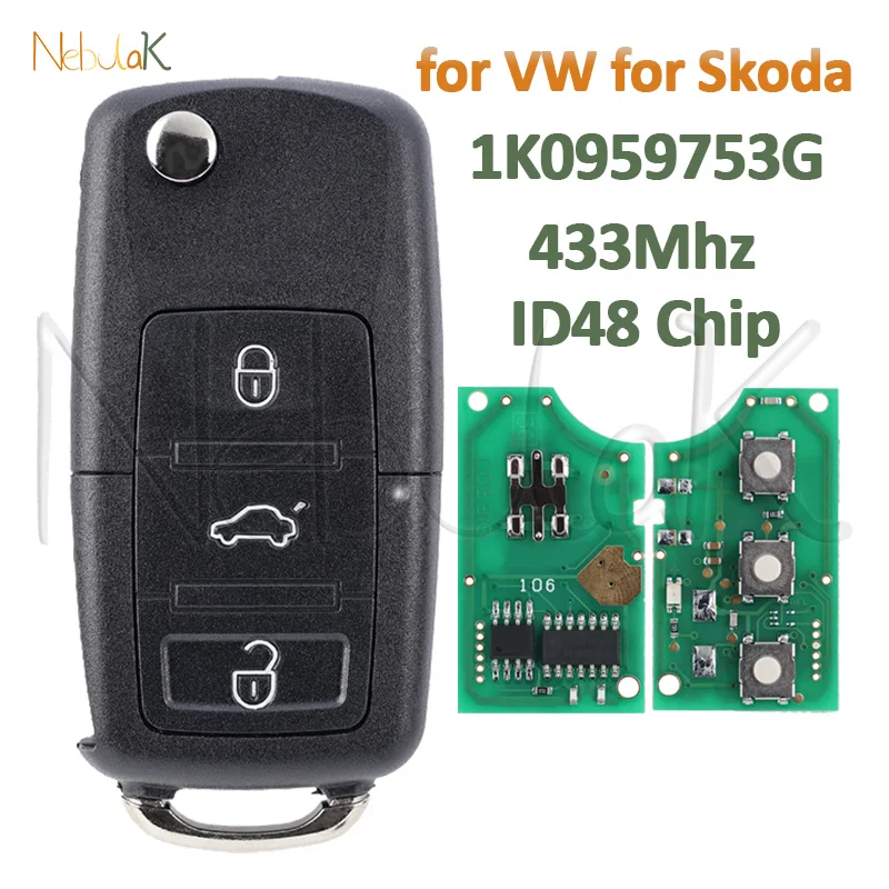 Llave remota plegable para coche 1K0959753G para VW SIROCCO, VOLKSWAGEN CADDY, SKODA EOS, GOLF, JETTA, TIGUAN, TOURAN, carcasa con chip HU66 48