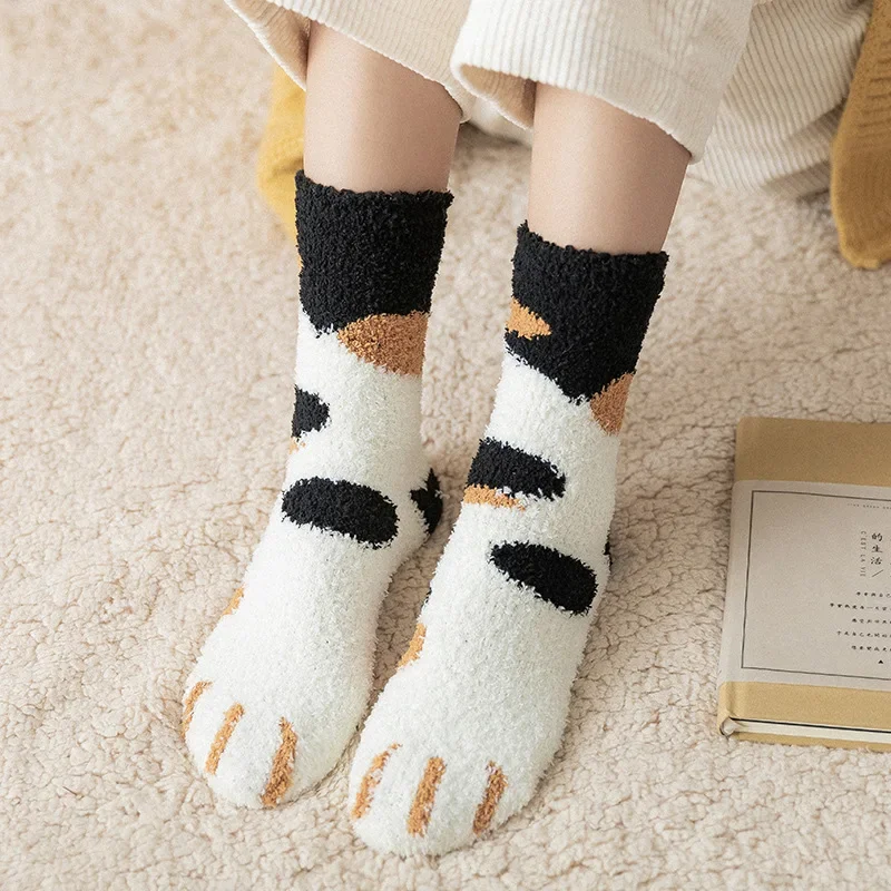 

Plush Winter Cute Style Cat Paw Cartoon Pattern Women Cotton Socks Super Soft For Female Stay in the house Sleeping Floor Sox