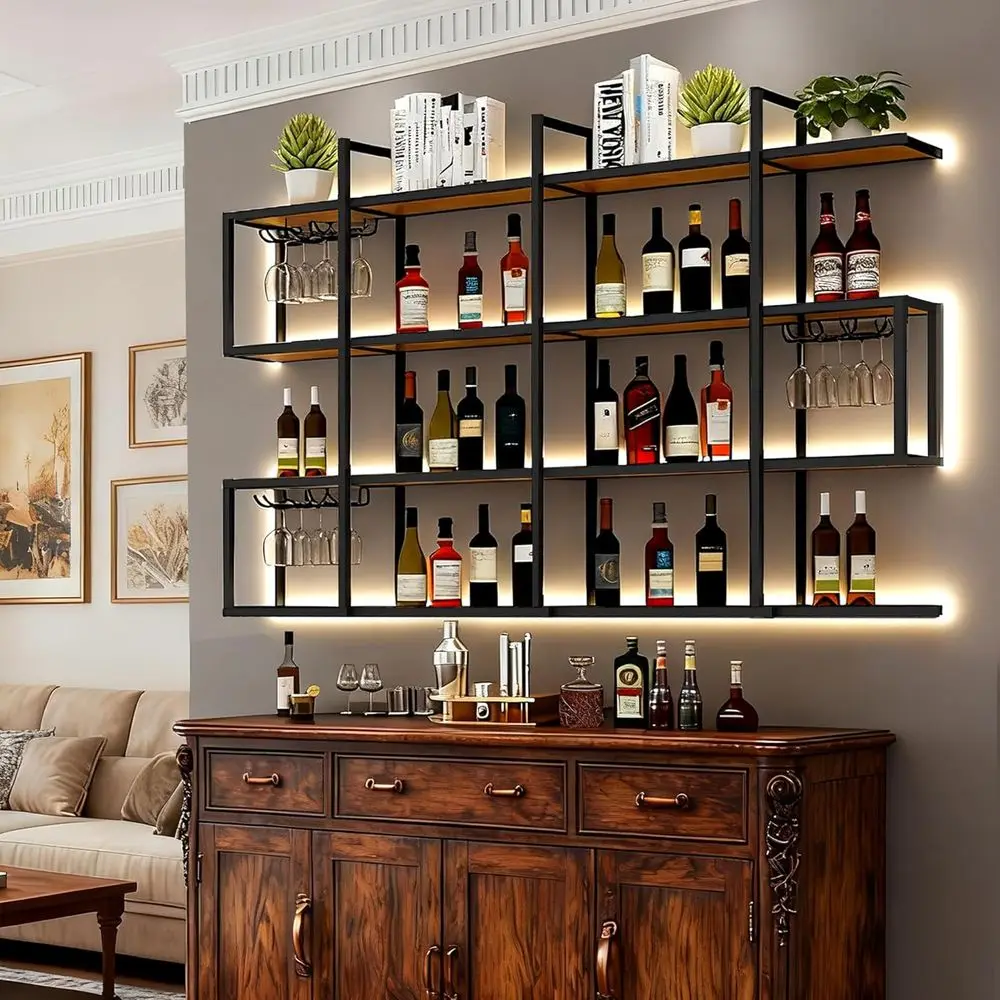 

47 Metal Wall Mount Wine Rack with LED Light, 4-Tier Floating Shelves, Glass Holder, Bar Bottle Storage for Home Decor