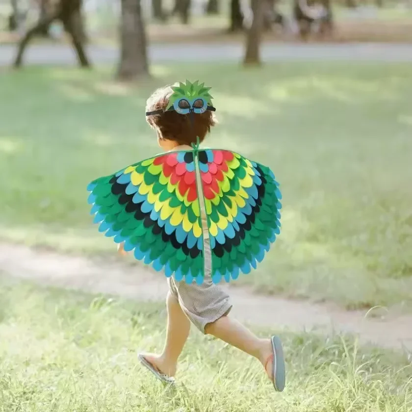 Kids Animal Bird Wings+mask Suit Stage Performance Peacock Owl Parrot Bird Felt Cape Halloween Bird Cosplay Cloak for Girls Boys
