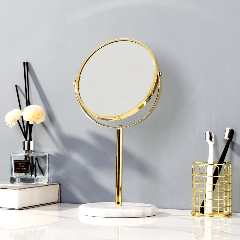 Natural Marble 360 Rotating Makeup Vanity Mirror Golden Desktop Double Sided 2X Magnifier Stand Bathroom Accessories